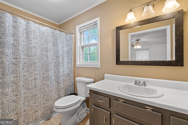 full bathroom featuring ceiling fan, vanity, toilet, and crown molding