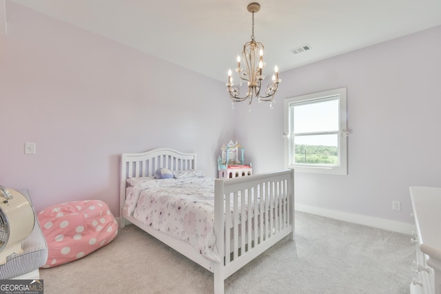 5315 Hendrix Rd, Cumming, GA 30040 - carpeted bedroom featuring baseboards, a chandelier, and visible vents