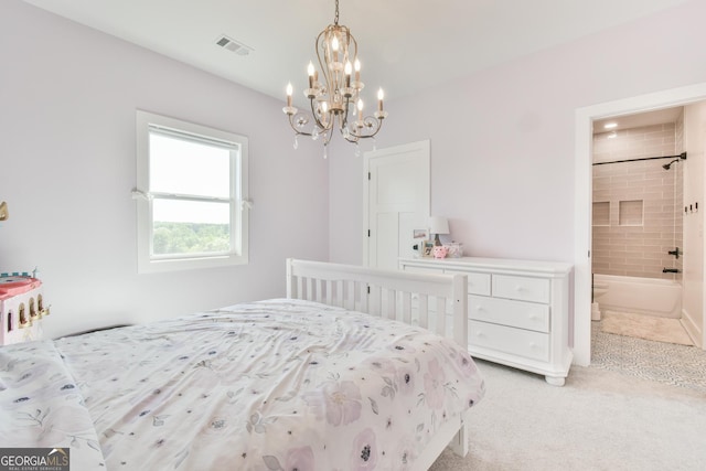 5315 Hendrix Rd, Cumming, GA 30040 - bedroom with connected bathroom, a chandelier, light colored carpet, and visible vents
