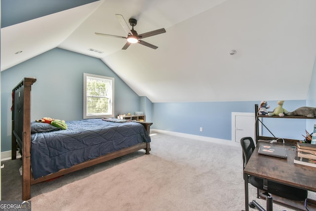 5315 Hendrix Rd, Cumming, GA 30040 - carpeted bedroom with baseboards, ceiling fan, lofted ceiling, and visible vents