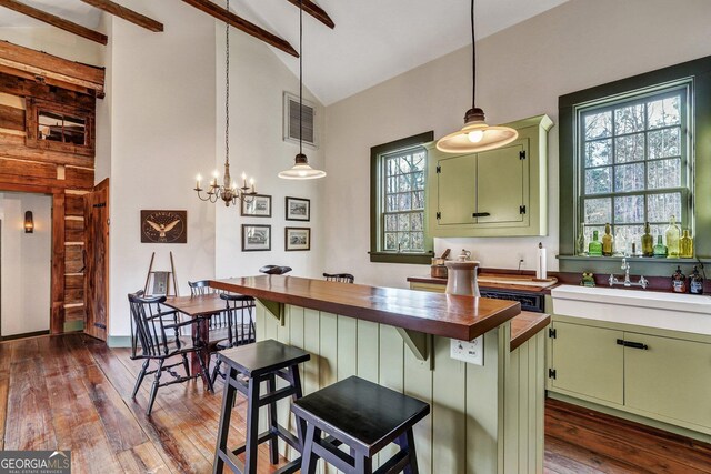 590 Dogwood Way, Richmond Hill, GA 31324 - bar with beamed ceiling, a sink, high vaulted ceiling, dark wood-type flooring, and visible vents
