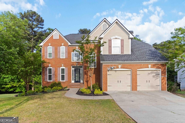 1650 Berryhill Rd, Cumming, GA 30041 - colonial-style house featuring a front lawn, brick siding, roof with shingles, and concrete driveway