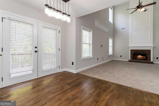 1650 Berryhill Rd, Cumming, GA 30041 - interior space featuring ceiling fan, dark wood finished floors, baseboards, a brick fireplace, and visible vents