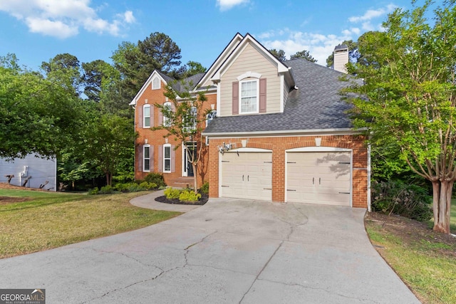 1650 Berryhill Rd, Cumming, GA 30041 - view of front of home with concrete driveway, a front yard, a garage, brick siding, and roof with shingles