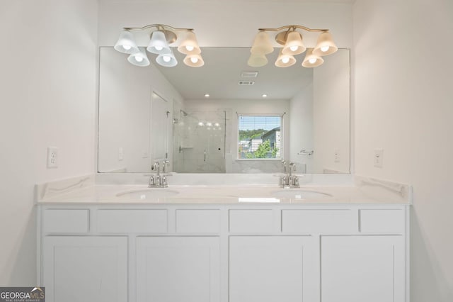 1953 Azure Grove Ct, Marietta, GA 30008 - full bathroom with double vanity, visible vents, a stall shower, and a sink