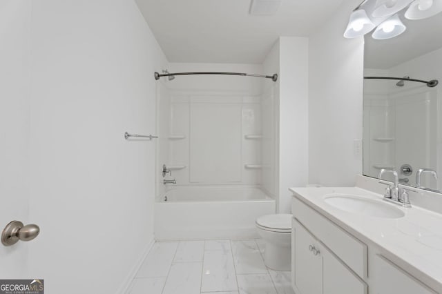1953 Azure Grove Ct, Marietta, GA 30008 - full bath featuring vanity, bathtub / shower combination, marble finish floor, toilet, and visible vents