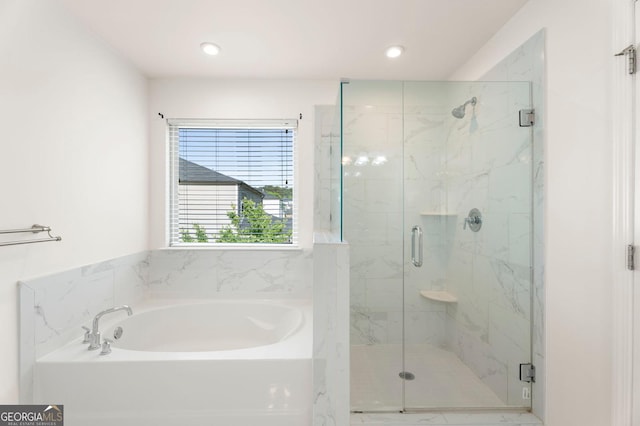 1953 Azure Grove Ct, Marietta, GA 30008 - bathroom with a bath, a marble finish shower, and recessed lighting
