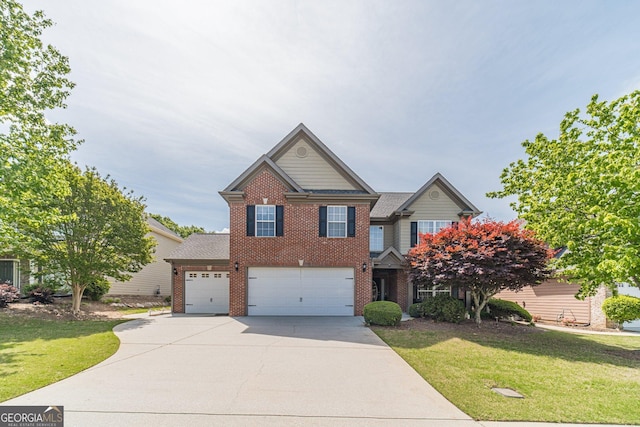 view of front facade featuring a front lawn, brick siding, driveway, and an attached garage