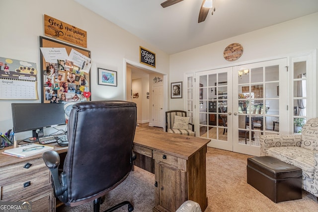 office with carpet, a ceiling fan, and french doors