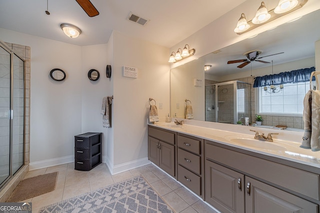 bathroom with a shower stall, tile patterned floors, visible vents, a sink, and ceiling fan