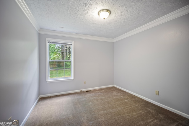 carpeted spare room with crown molding, a textured ceiling, and baseboards