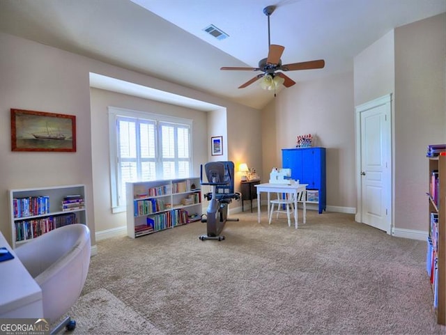 bedroom with baseboards, carpet flooring, and a ceiling fan