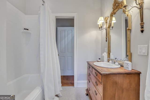 192 Myrtle Grove Ln, Richmond Hill, GA 31324 - bathroom featuring shower / tub combo with curtain, tile patterned flooring, and vanity