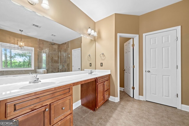 548 Myrtle Trace Ln, Suwanee, GA 30024 - bathroom with a stall shower, double vanity, and tile patterned flooring