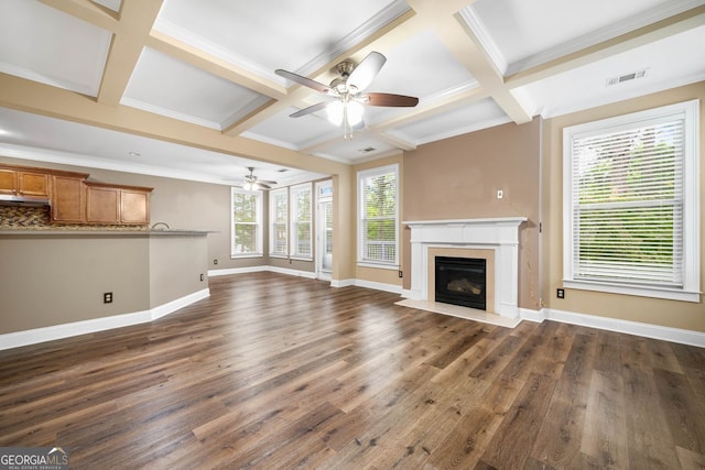 548 Myrtle Trace Ln, Suwanee, GA 30024 - unfurnished living room featuring coffered ceiling, a ceiling fan, dark wood finished floors, a fireplace, and beam ceiling