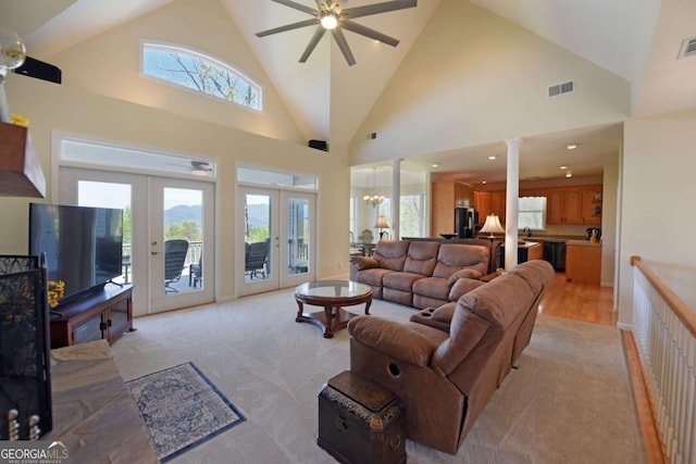 62 Eagles View Ct, Hayesville, NC 28904 - living room featuring decorative columns, french doors, healthy amount of natural light, ceiling fan, and high vaulted ceiling