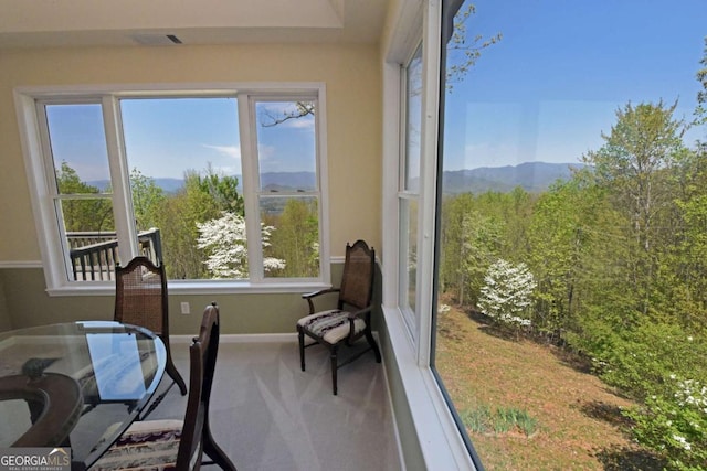 62 Eagles View Ct, Hayesville, NC 28904 - sunroom / solarium featuring baseboards, carpet floors, a mountain view, and a wooded view