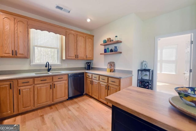 62 Eagles View Ct, Hayesville, NC 28904 - kitchen with black dishwasher, a sink, open shelves, and light wood-type flooring
