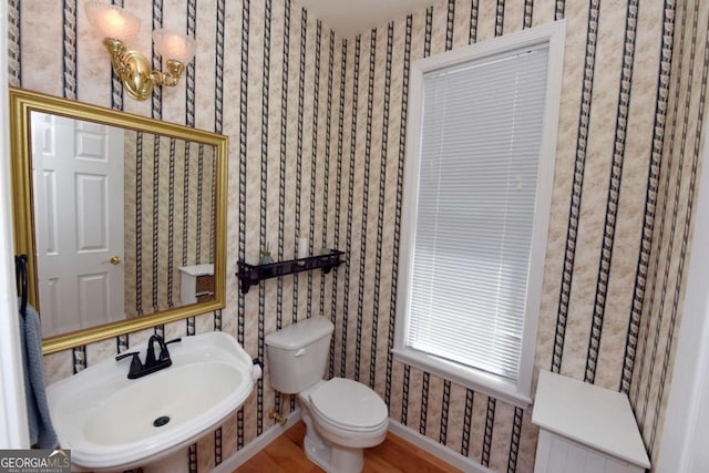 62 Eagles View Ct, Hayesville, NC 28904 - bathroom with a sink, toilet, wallpapered walls, and wood finished floors