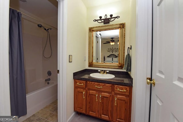 62 Eagles View Ct, Hayesville, NC 28904 - full bathroom with vanity, shower / bathtub combination with curtain, and a ceiling fan