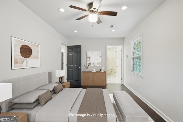 360 New Jersey Ave NW, Atlanta, GA 30314 - bedroom with dark wood finished floors, recessed lighting, baseboards, connected bathroom, and a ceiling fan