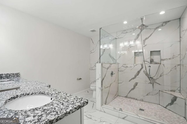 360 New Jersey Ave NW, Atlanta, GA 30314 - bathroom featuring marble finish floors, a marble finish shower, vanity, and recessed lighting