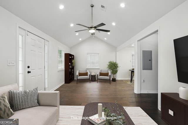 360 New Jersey Ave NW, Atlanta, GA 30314 - living area featuring a ceiling fan, dark wood finished floors, lofted ceiling, recessed lighting, and electric panel