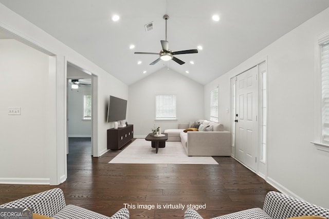 360 New Jersey Ave NW, Atlanta, GA 30314 - living room featuring a ceiling fan, healthy amount of natural light, dark wood-style floors, recessed lighting, and vaulted ceiling