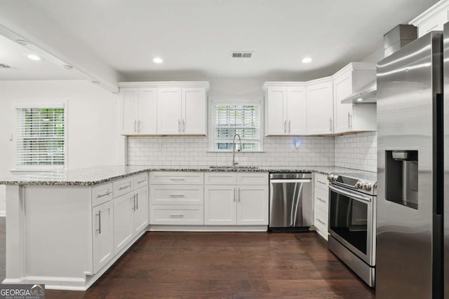 360 New Jersey Ave NW, Atlanta, GA 30314 - kitchen with appliances with stainless steel finishes, a sink, a peninsula, white cabinets, and dark wood-style flooring