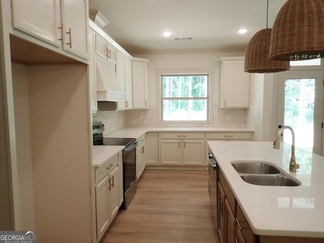 45 Hometown Ct, Jefferson, GA 30549 - kitchen featuring a sink, electric range, light wood-type flooring, custom exhaust hood, and decorative backsplash