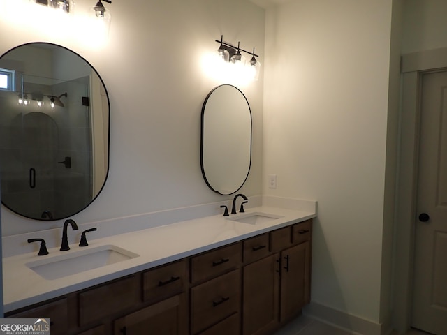 45 Hometown Ct, Jefferson, GA 30549 - bathroom featuring double vanity, a shower stall, tile patterned floors, and a sink