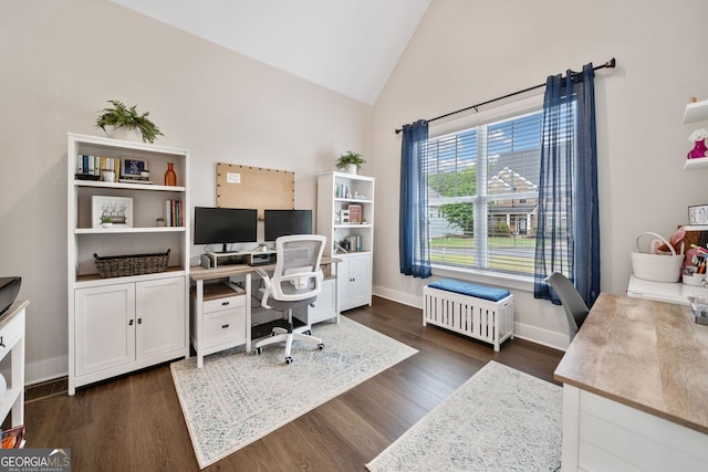 office with high vaulted ceiling, baseboards, and dark wood-style floors