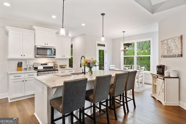kitchen with white cabinets, stainless steel appliances, wood finished floors, and an island with sink
