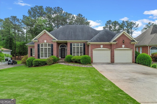 5510 Conway Dr, Marietta, GA 30068 - ranch-style house with brick siding, a front lawn, concrete driveway, an attached garage, and a shingled roof