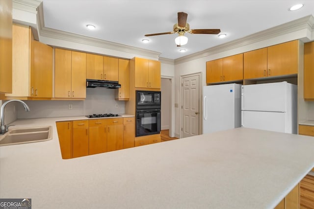 5510 Conway Dr, Marietta, GA 30068 - kitchen featuring ceiling fan, a sink, black appliances, ornamental molding, and under cabinet range hood