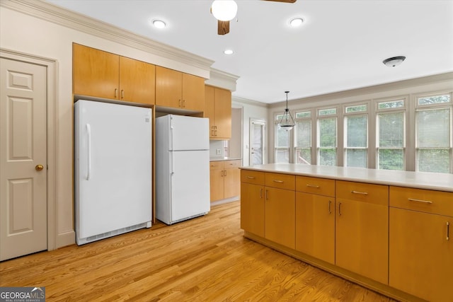 5510 Conway Dr, Marietta, GA 30068 - kitchen featuring light countertops, ornamental molding, freestanding refrigerator, and light wood-type flooring