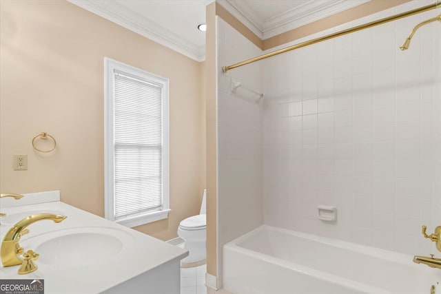 5510 Conway Dr, Marietta, GA 30068 - full bath featuring crown molding, tile patterned flooring, vanity, shower / bathtub combination, and toilet
