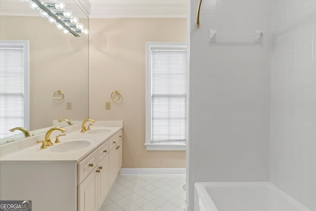5510 Conway Dr, Marietta, GA 30068 - bathroom with a sink, tile patterned floors, crown molding, and a tub
