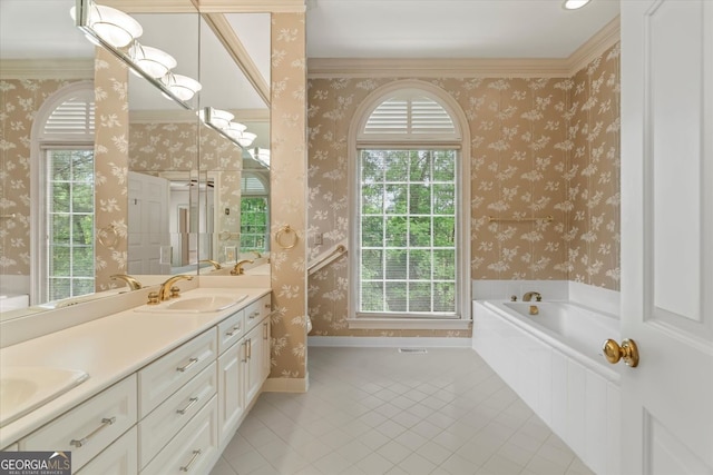 5510 Conway Dr, Marietta, GA 30068 - full bath featuring a sink, double vanity, tile patterned floors, wallpapered walls, and a garden tub
