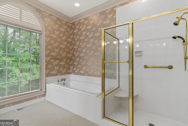 5510 Conway Dr, Marietta, GA 30068 - full bathroom with visible vents, wallpapered walls, tile patterned floors, a bath, and a shower stall