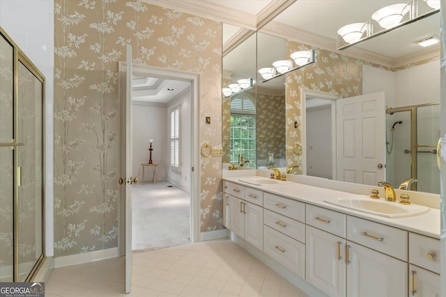 5510 Conway Dr, Marietta, GA 30068 - bathroom with double vanity, ornamental molding, a sink, and tile patterned flooring