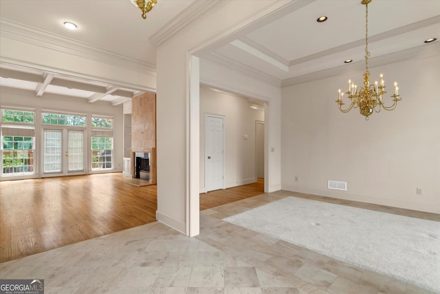 5510 Conway Dr, Marietta, GA 30068 - interior space featuring visible vents, a fireplace, a chandelier, ornamental molding, and recessed lighting