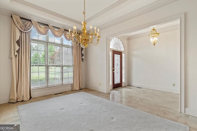 5510 Conway Dr, Marietta, GA 30068 - interior space with baseboards, a notable chandelier, ornamental molding, and visible vents