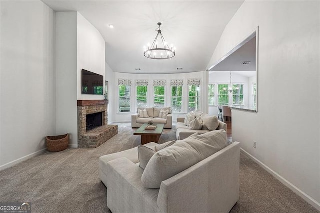 7045 Mountain Xing, Cumming, GA 30041 - carpeted living room featuring visible vents, a notable chandelier, lofted ceiling, a brick fireplace, and stairs