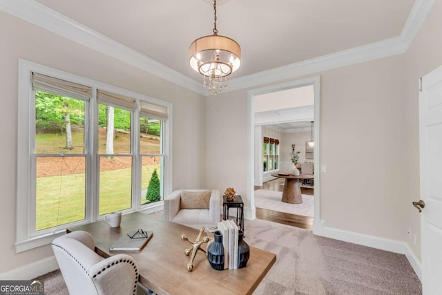 1400 Squire Ln, Cumming, GA 30041 - living area with baseboards, a wealth of natural light, a chandelier, and crown molding