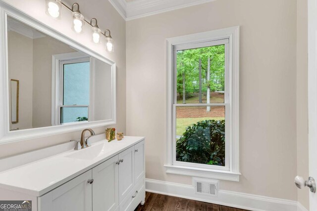 1400 Squire Ln, Cumming, GA 30041 - bathroom with crown molding, wood finished floors, vanity, baseboards, and visible vents