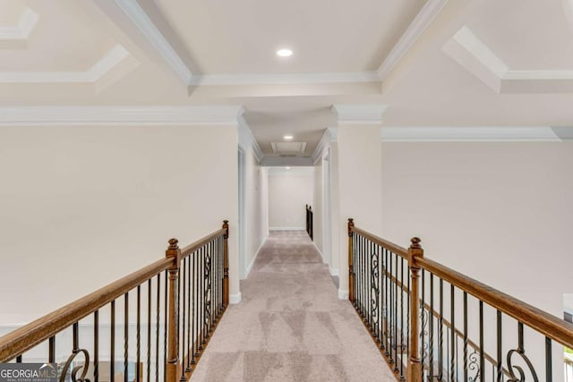 1400 Squire Ln, Cumming, GA 30041 - hallway with light carpet, recessed lighting, an upstairs landing, and ornamental molding