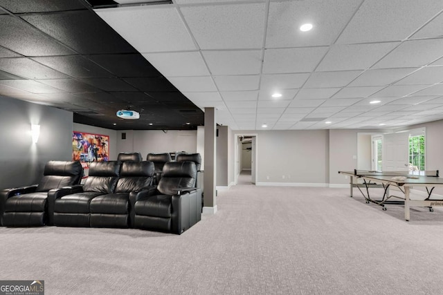 1400 Squire Ln, Cumming, GA 30041 - home theater with baseboards, a paneled ceiling, carpet flooring, and recessed lighting