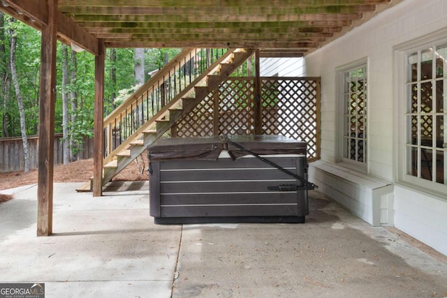 1400 Squire Ln, Cumming, GA 30041 - view of patio featuring a hot tub and stairway