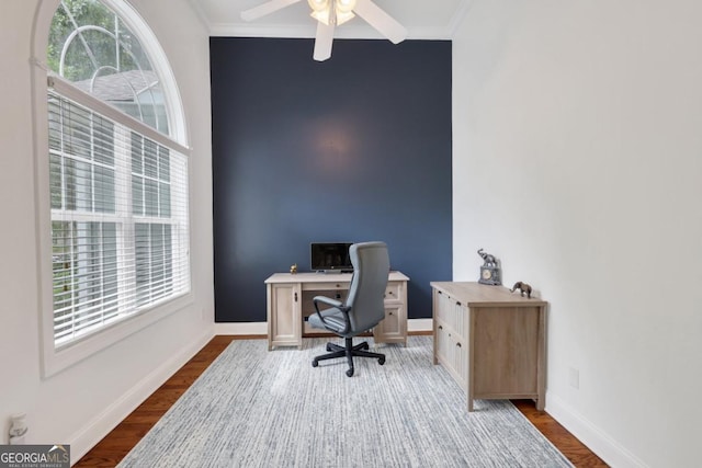 277 Cinder Hill Dr, Brunswick, GA 31523 - office with a ceiling fan, baseboards, dark wood-type flooring, and ornamental molding
